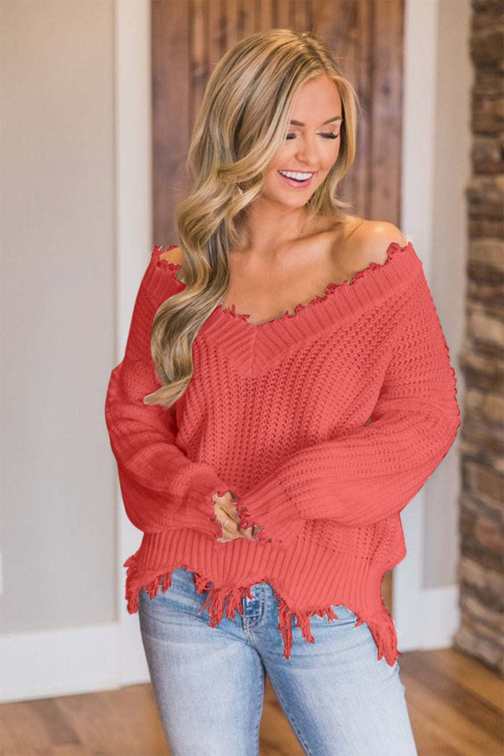 Frayed Hem Dropped Shoulder Sweater - Tantalize Boutique