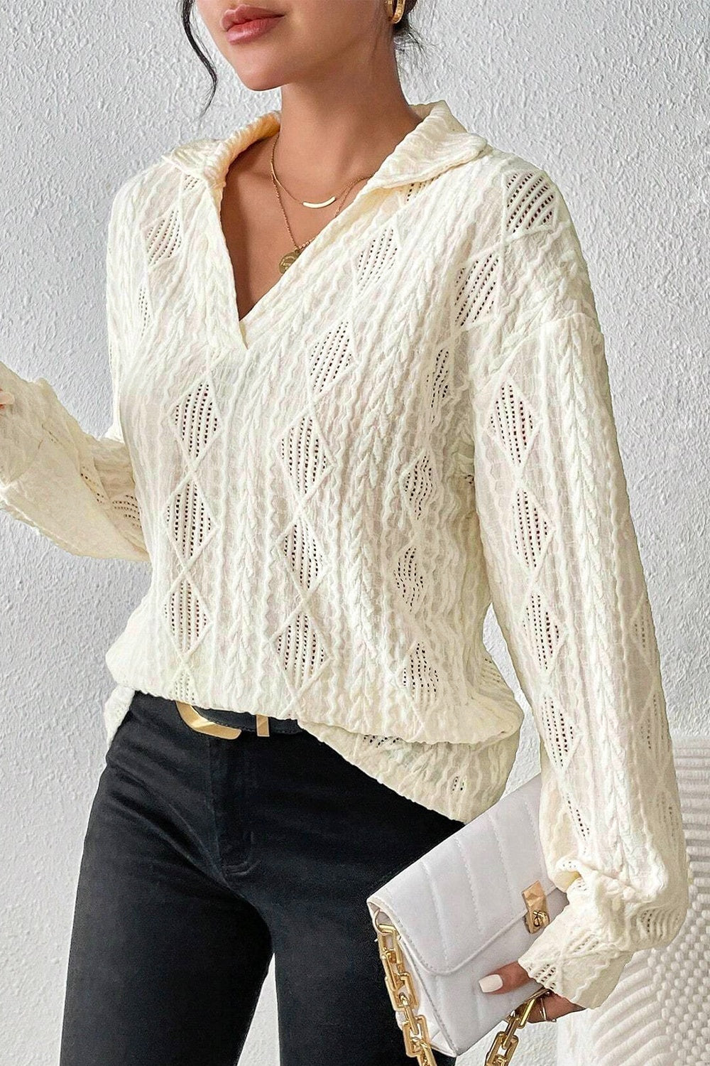 Eyelet Johnny Collar Dropped Shoulder Blouse - Tantalize Boutique