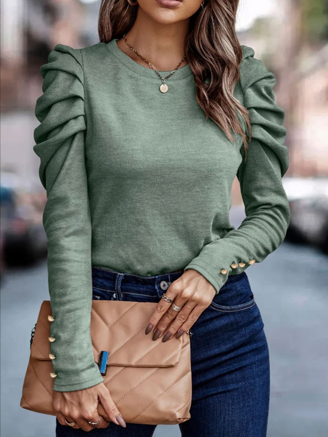 Round Neck Puff Sleeve Sleeve Blouse - Tantalize Boutique