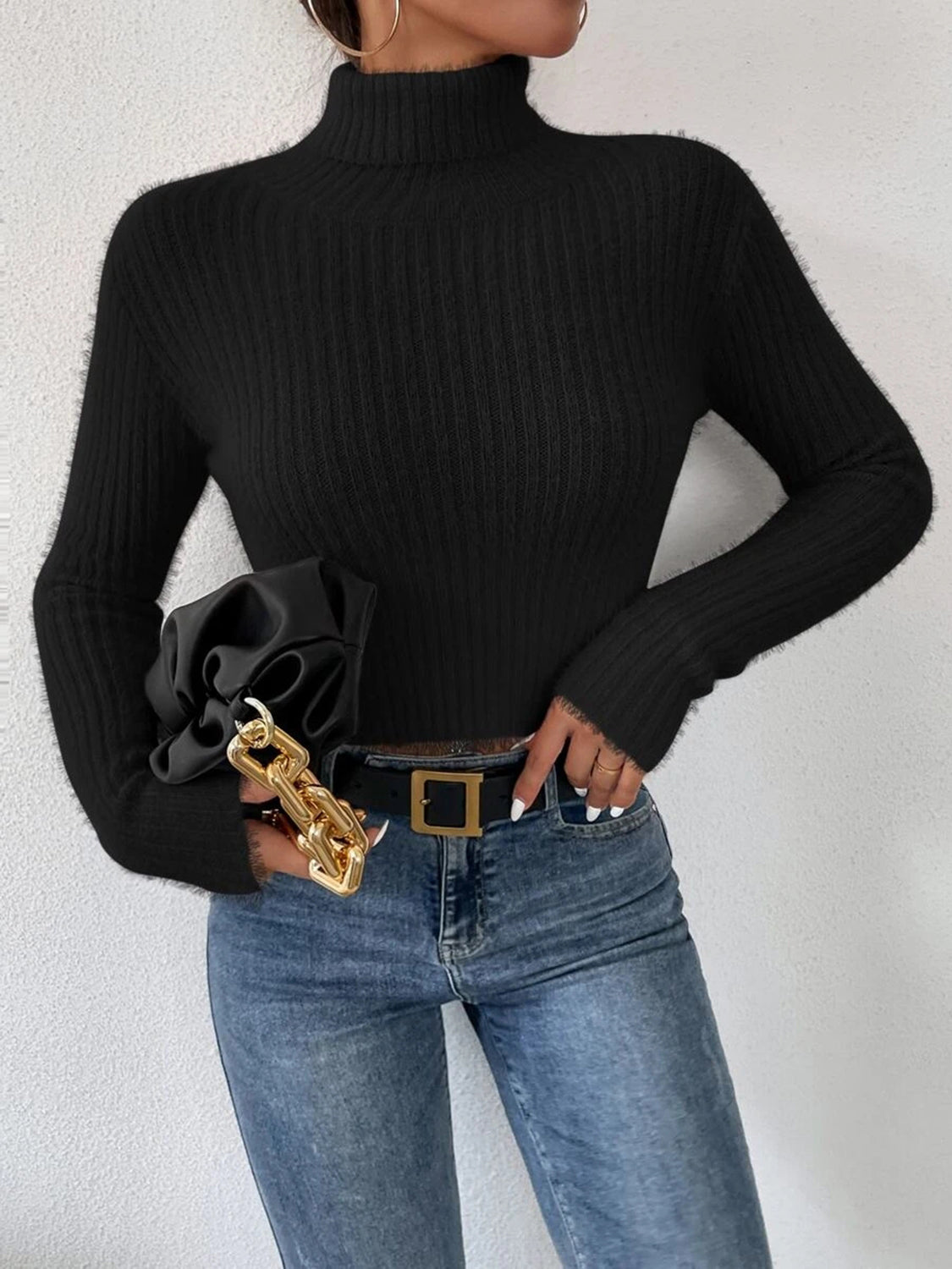 Ribbed Turtleneck Long Sleeve Sweater - Tantalize Boutique