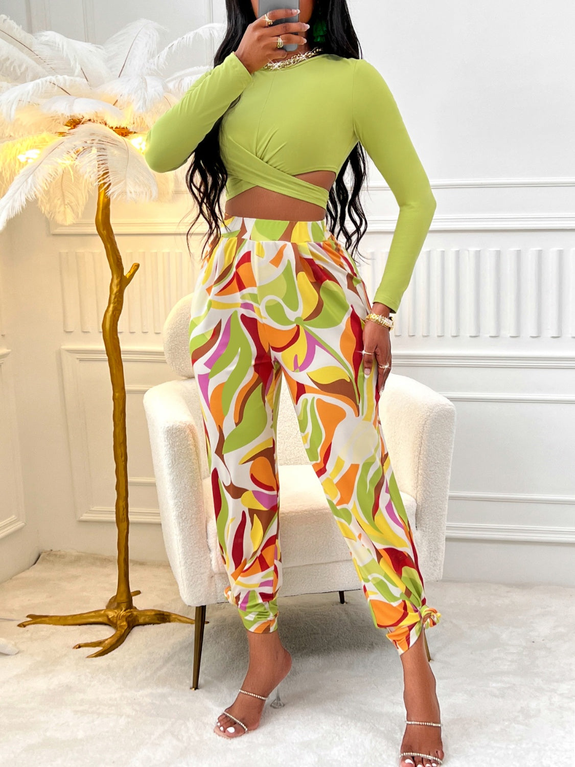 Crisscross Tied Top and Straight Leg Pants Set - Tantalize Boutique
