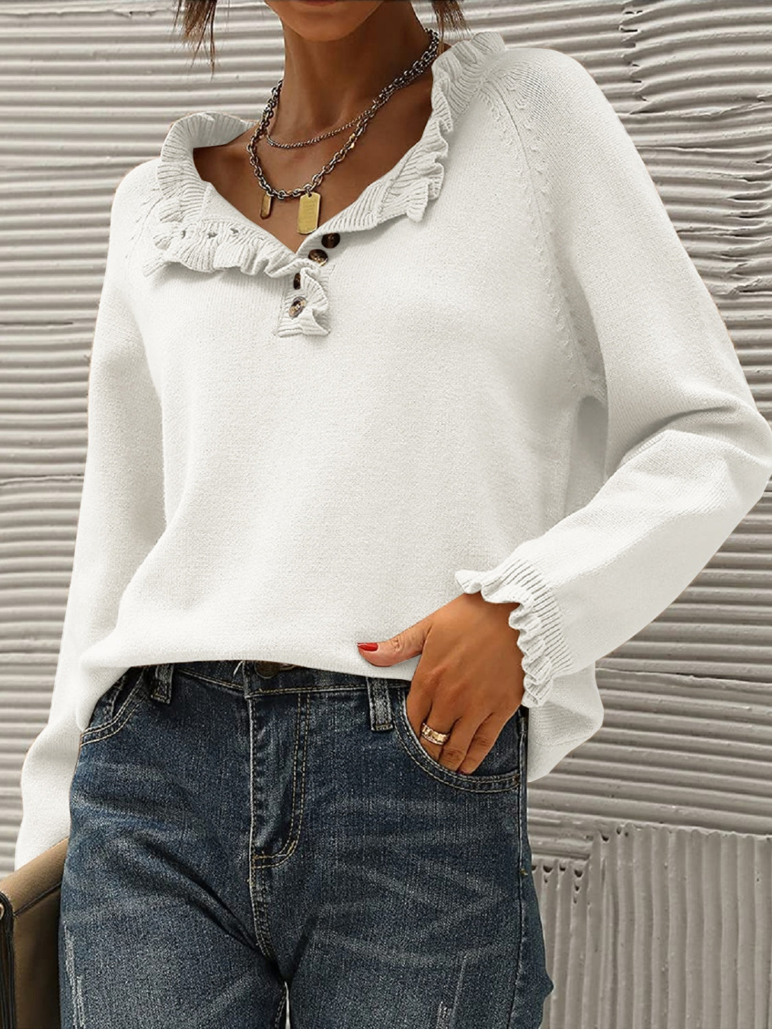Ruffled Quarter-Button Sweater - Tantalize Boutique