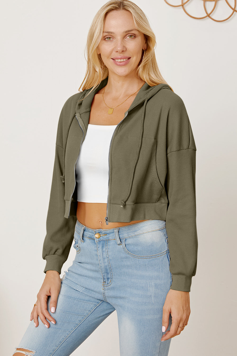 Waffle-Knit Drawstring Zip Up Hoodie - Tantalize Boutique