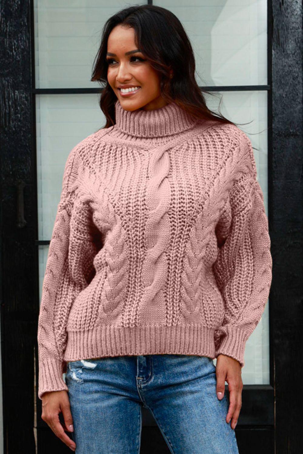 Cable-Knit Turtleneck Long Sleeve Sweater - Tantalize Boutique