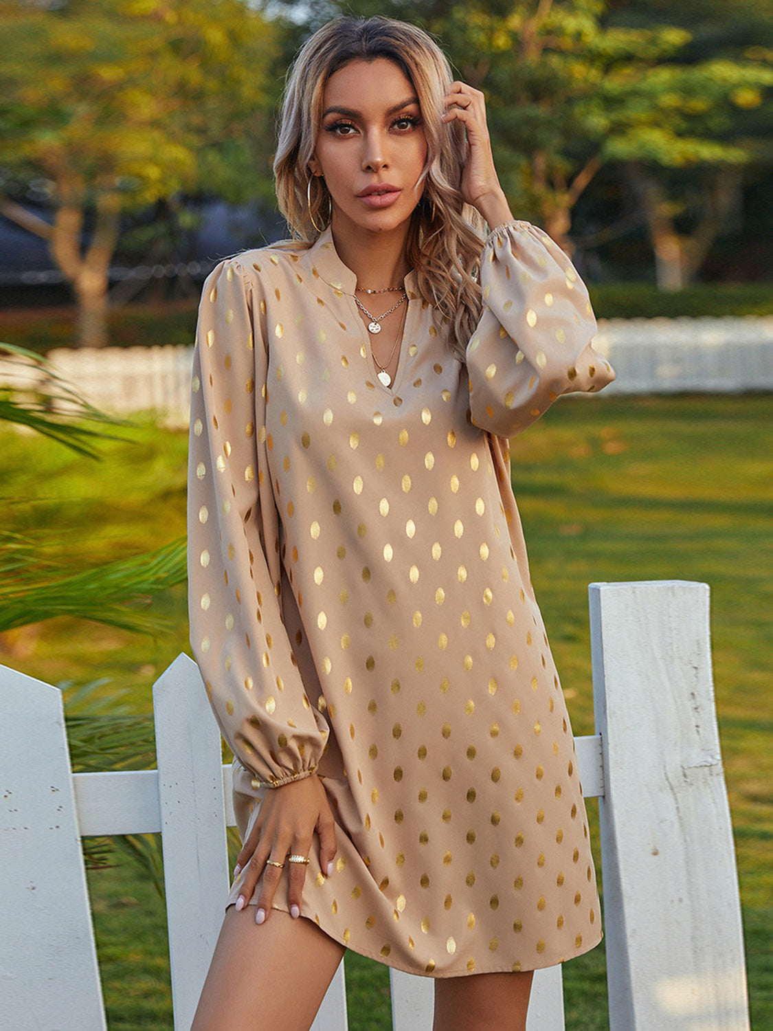 Notched Neck Puff Sleeve Dress - Tantalize Boutique