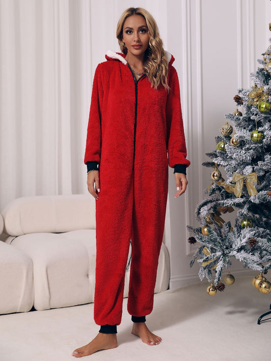 Zip Front Long Sleeve Hooded Teddy Lounge Jumpsuit - Tantalize Boutique