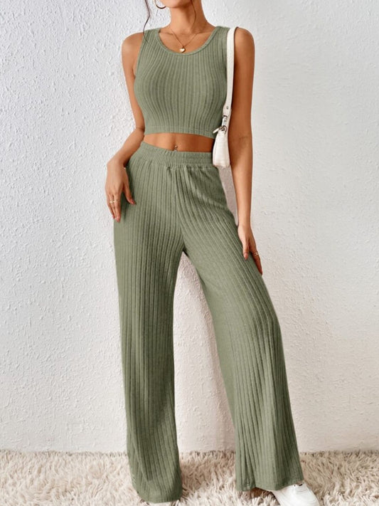 Ribbed Round Neck Tank and Pants Sweater Set - Tantalize Boutique