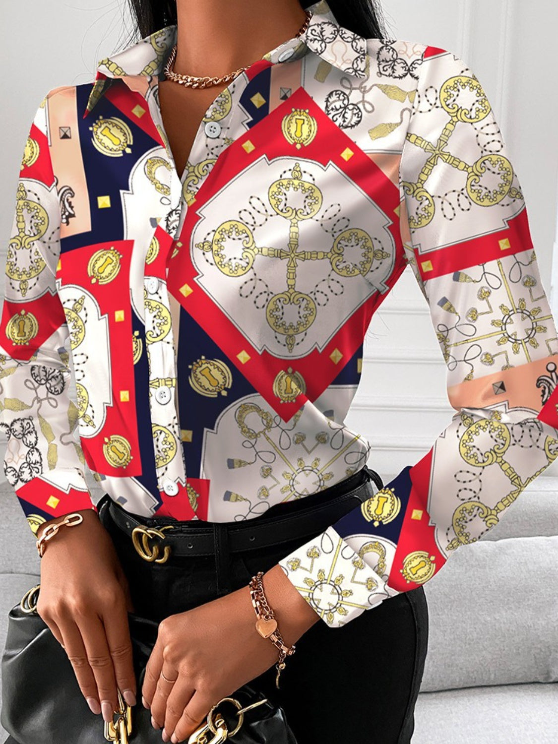 Printed Collared Neck Long Sleeve Shirt - Tantalize Boutique