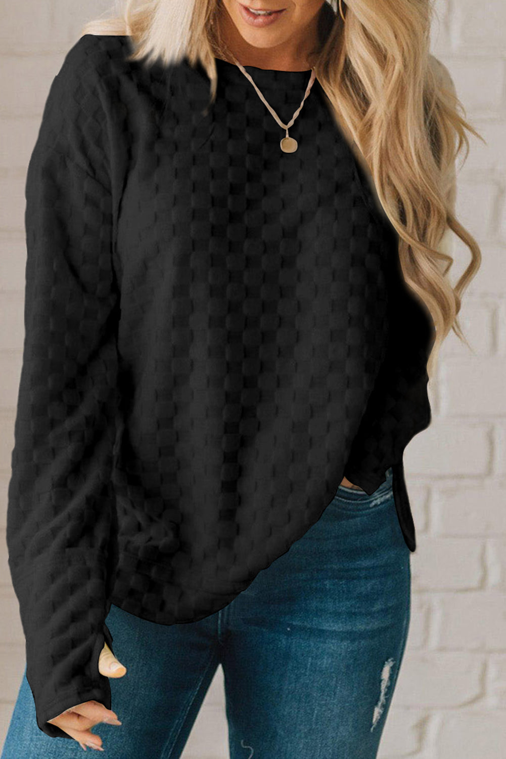 Checkered Round Neck Long Sleeve T-Shirt - Tantalize Boutique