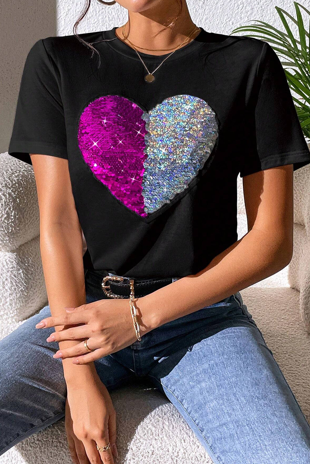 Heart Sequin Round Neck Short Sleeve T-Shirt - Tantalize Boutique