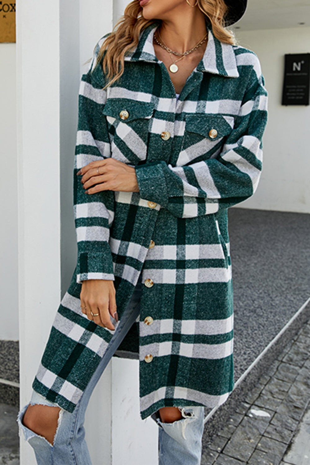 Plaid Button Up Collared Neck Coat with Pockets - Tantalize Boutique