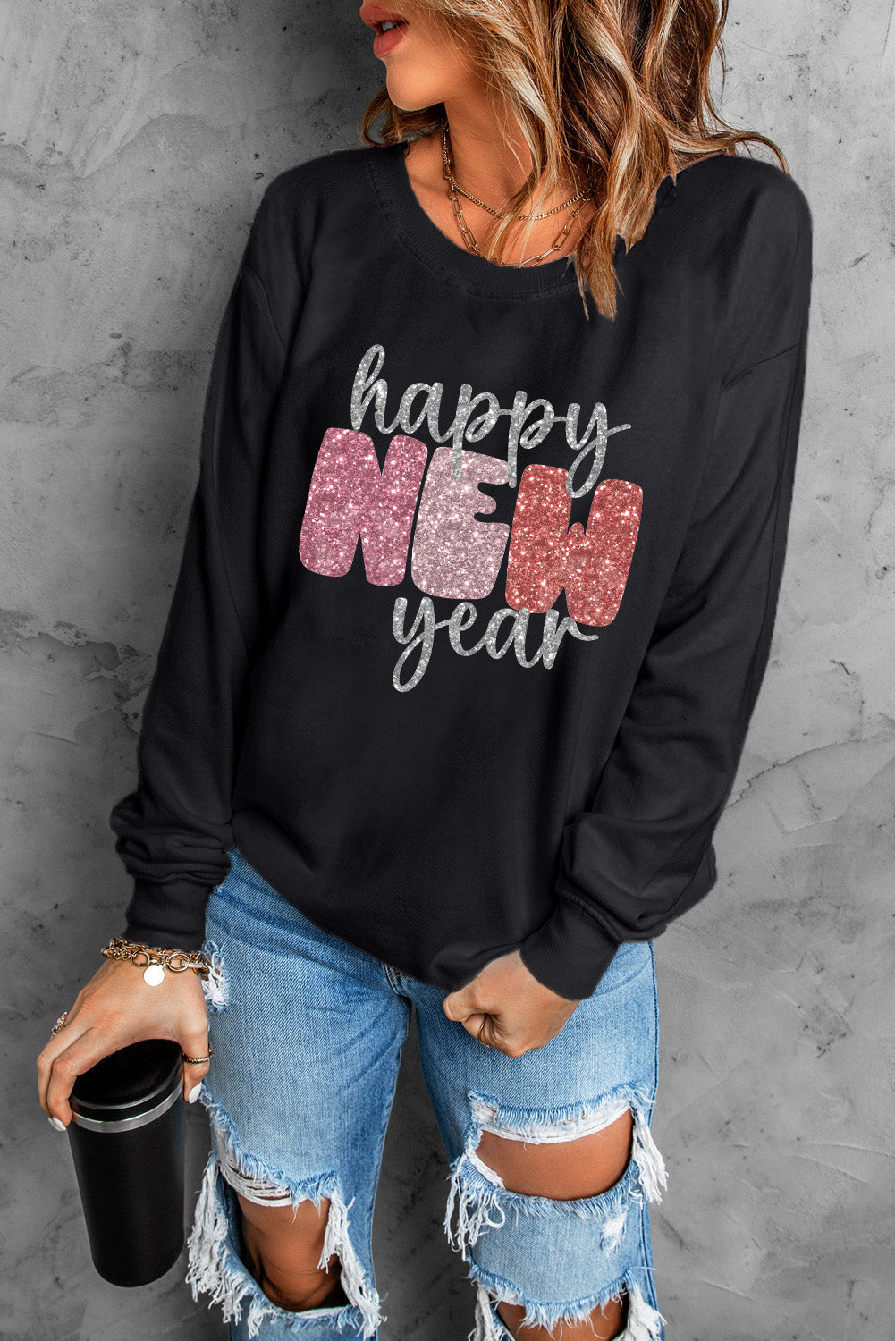 HAPPY NEW YEAR Round Neck Sweatshirt - Tantalize Boutique
