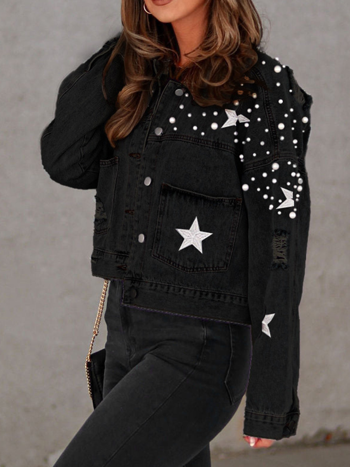 Pearl Trim Button Up Denim Jacket with Pockets - Tantalize Boutique