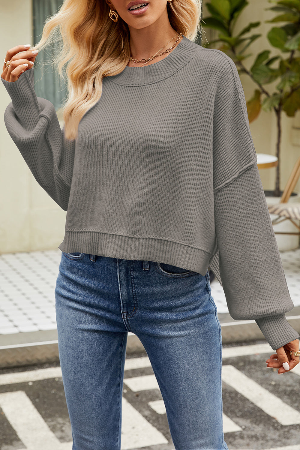 Round Neck Dropped Shoulder Sweater - Tantalize Boutique