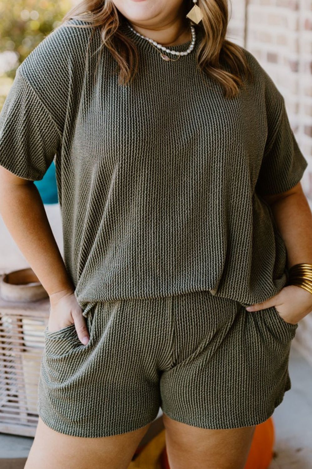 Plus Size Round Neck Top and Pocketed Shorts Set - Tantalize Boutique