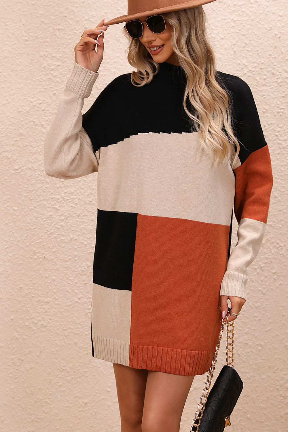 Color Block Mock Neck Dropped Shoulder Sweater Dress - Tantalize Boutique