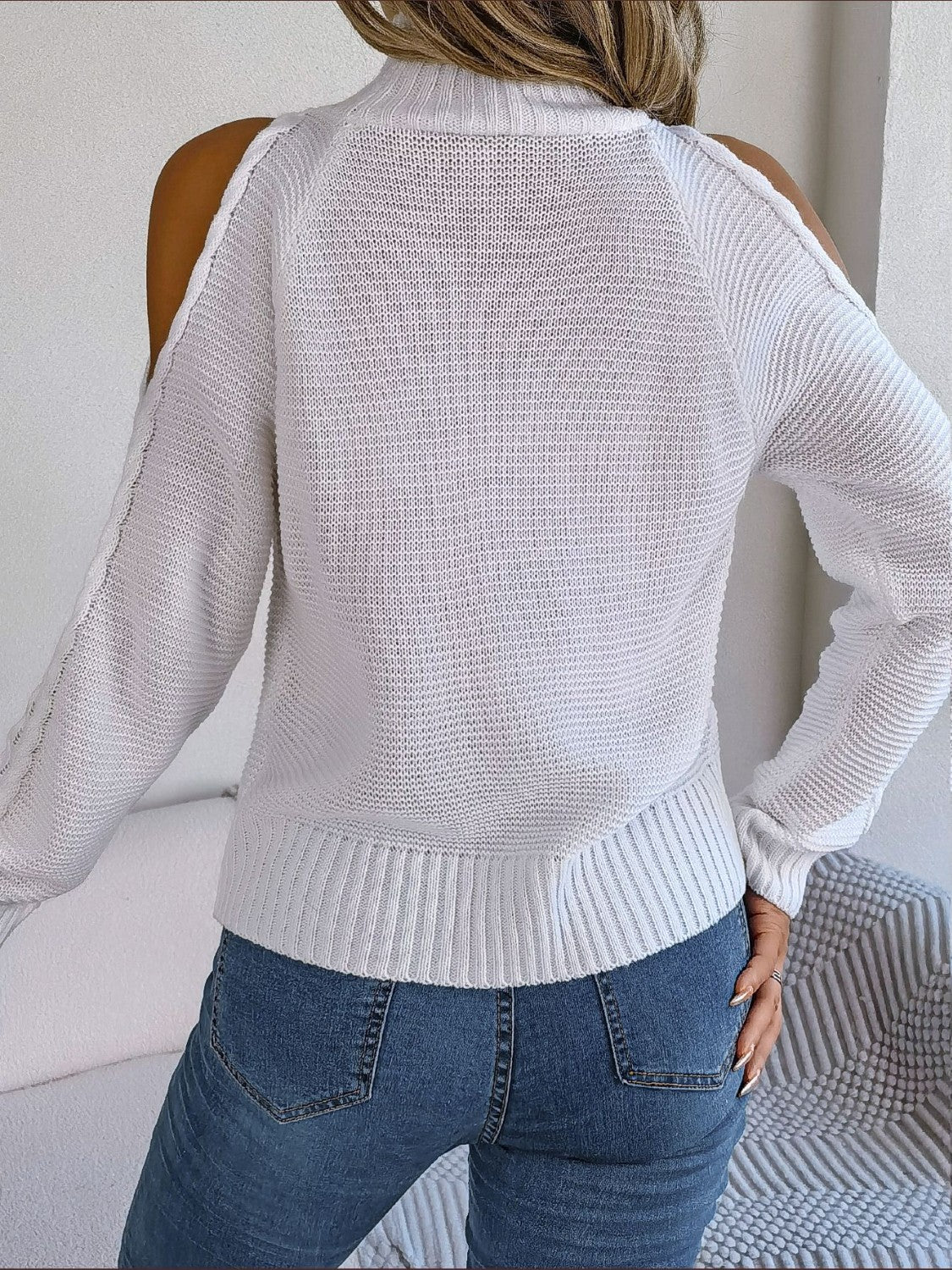 Cable-Knit Turtleneck Cold Shoulder Sweater - Tantalize Boutique