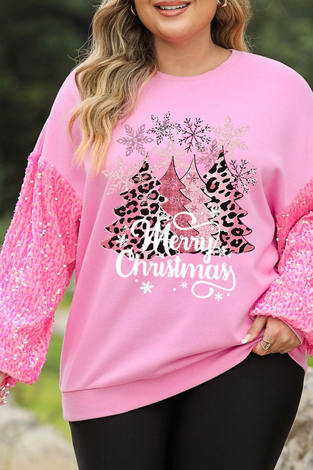 Plus Size MERRY CHRISTMAS Sequin Long Sleeve Sweatshirt - Tantalize Boutique