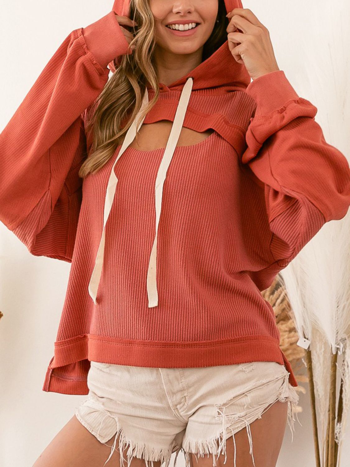 Cutout Drawstring Drop Shoulder Hoodie - Tantalize Boutique