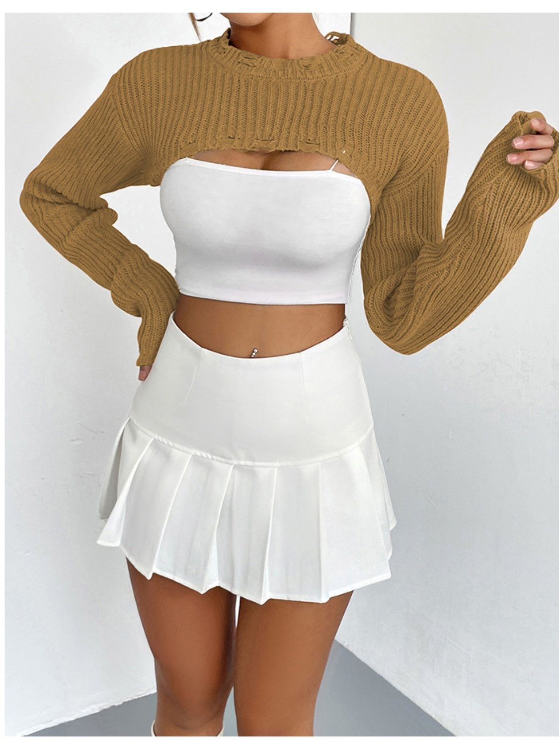 Distressed Long Sleeve Cropped Sweater - Tantalize Boutique