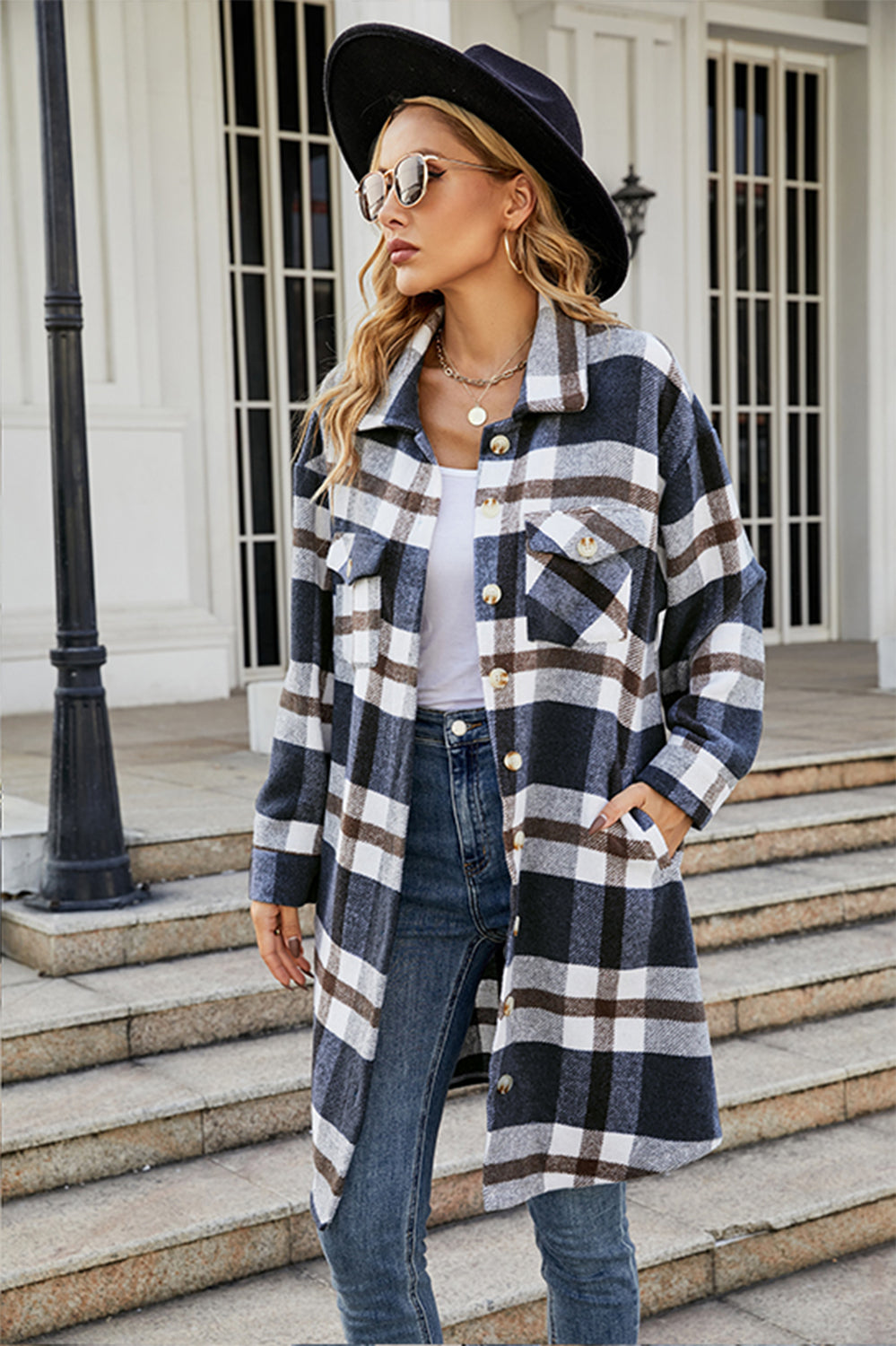 Plaid Button Up Collared Neck Coat with Pockets - Tantalize Boutique