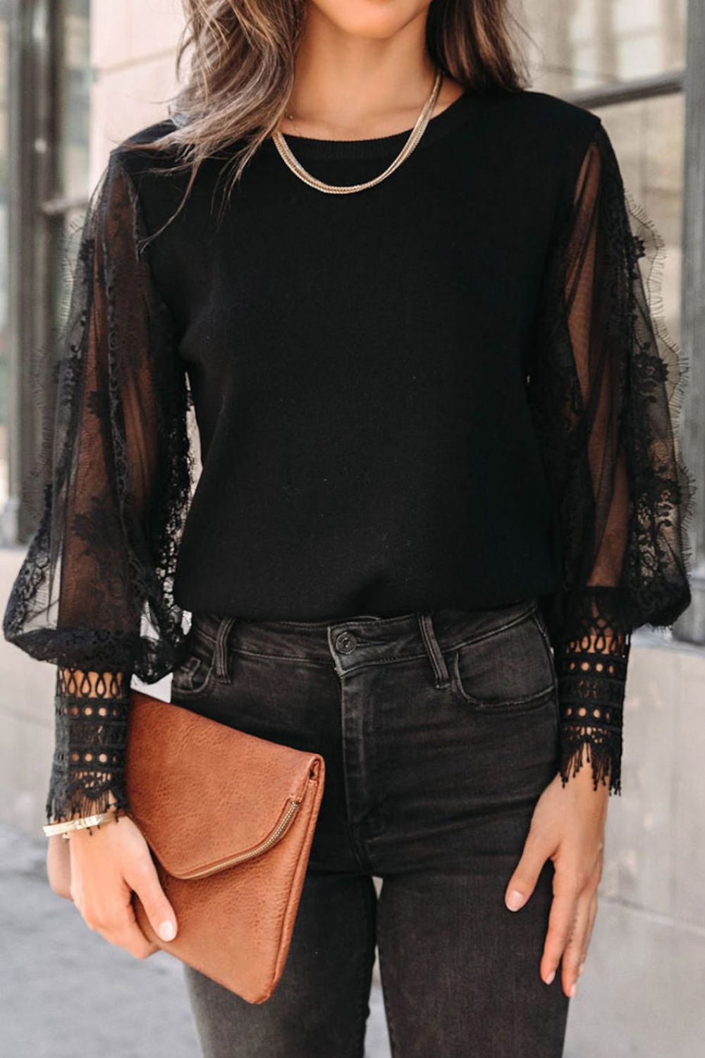 Lace Detail Mesh Lantern Sleeve Blouse - Tantalize Boutique
