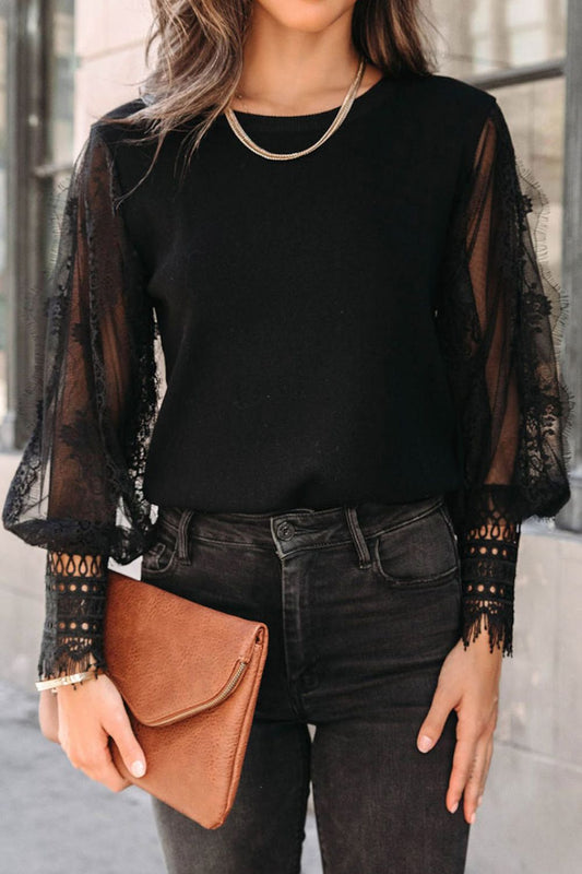 Lace Detail Mesh Lantern Sleeve Blouse - Tantalize Boutique