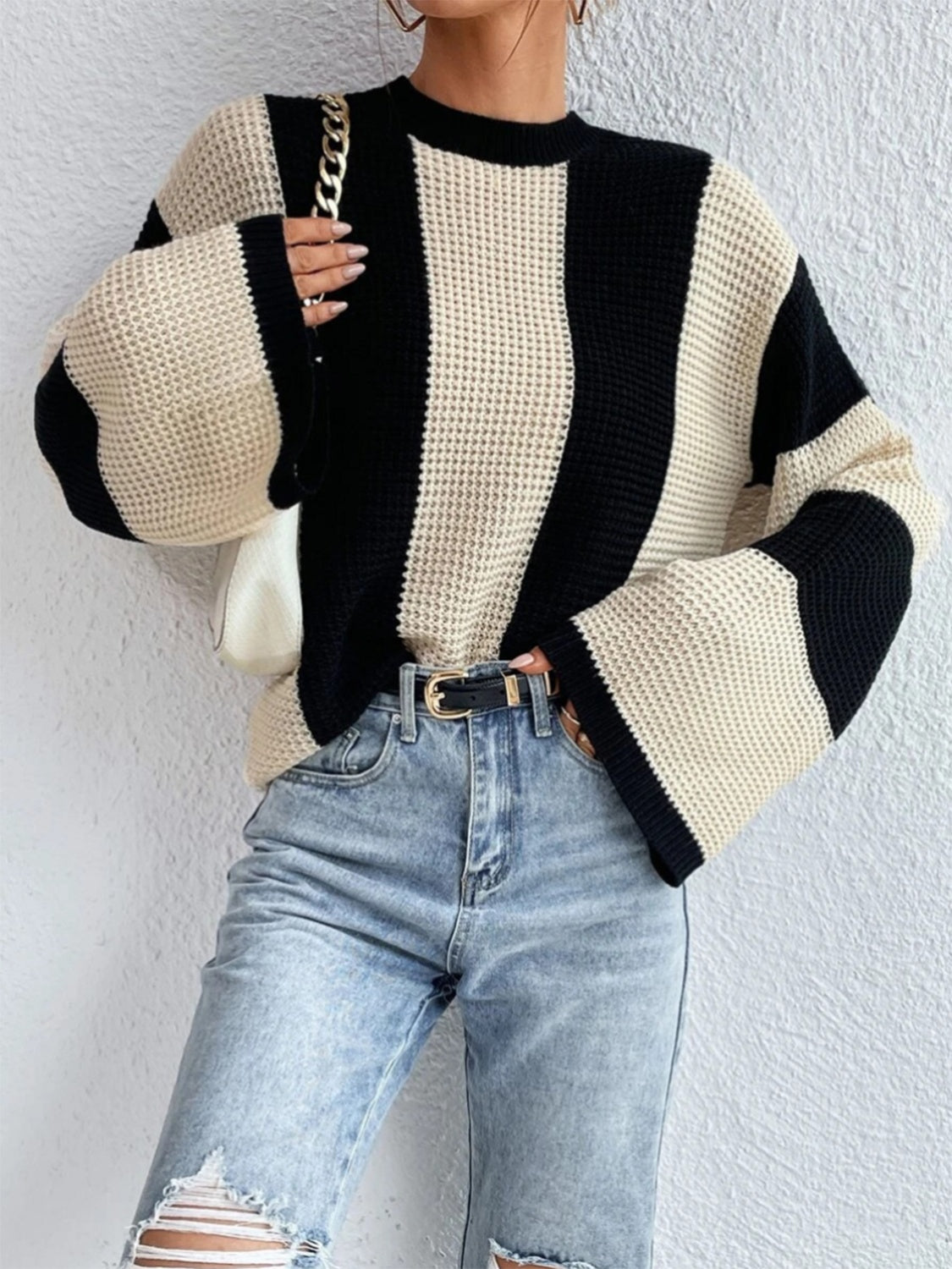 Striped Mock Neck Long Sleeve Sweater - Tantalize Boutique