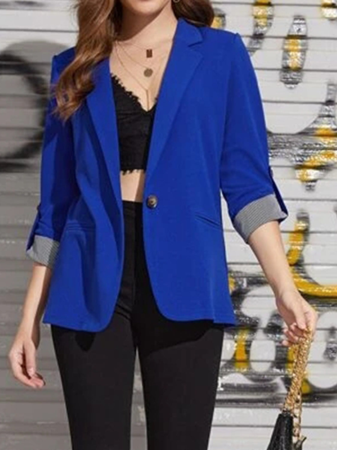 Lapel Collar Roll-Tab Sleeve Blazer - Tantalize Boutique