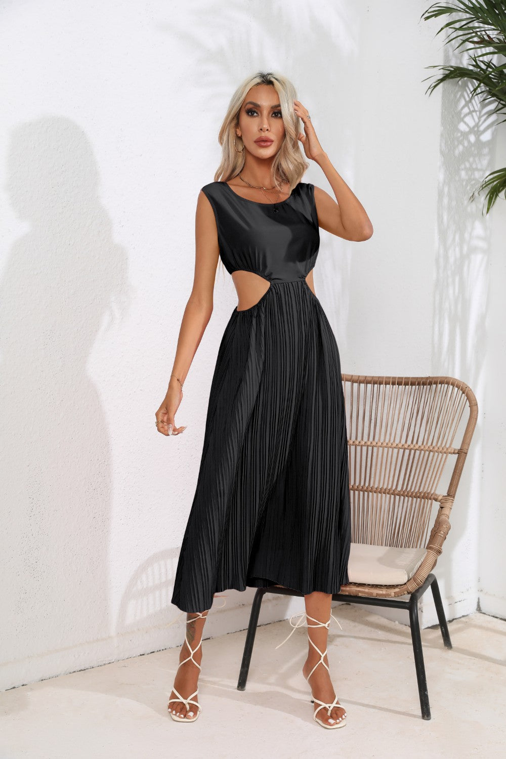 Cutout Ruched Round Neck Tank Dress - Tantalize Boutique