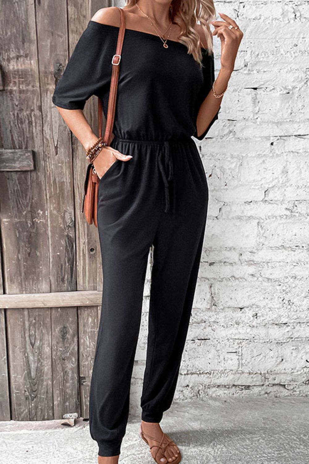 Off-Shoulder Jumpsuit with Pockets - Tantalize Boutique