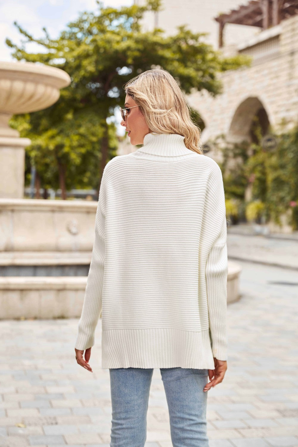 Ribbed Turtleneck Long Sleeve Slit Sweater - Tantalize Boutique