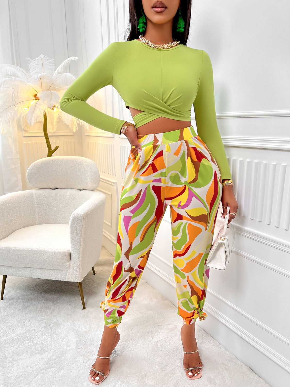 Crisscross Tied Top and Straight Leg Pants Set - Tantalize Boutique