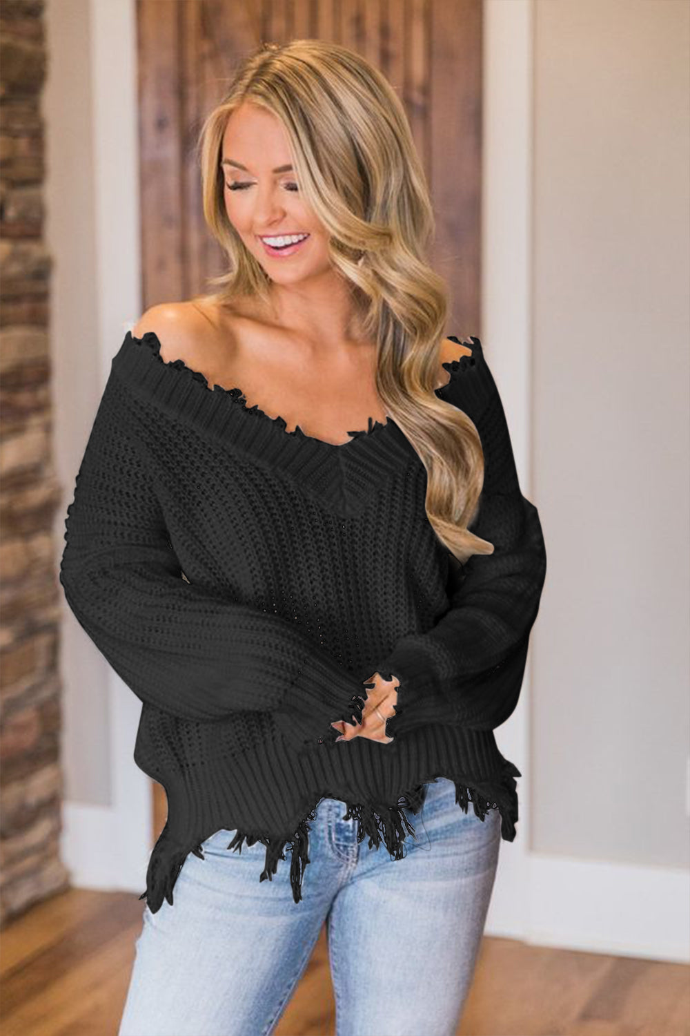Frayed Hem Dropped Shoulder Sweater - Tantalize Boutique