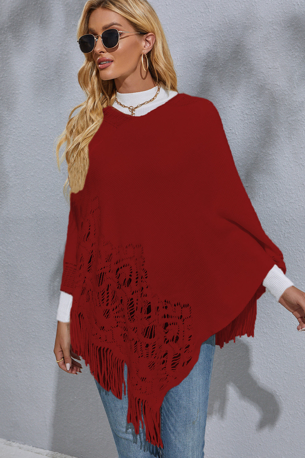 Round Neck Fringe Detail Poncho - Tantalize Boutique