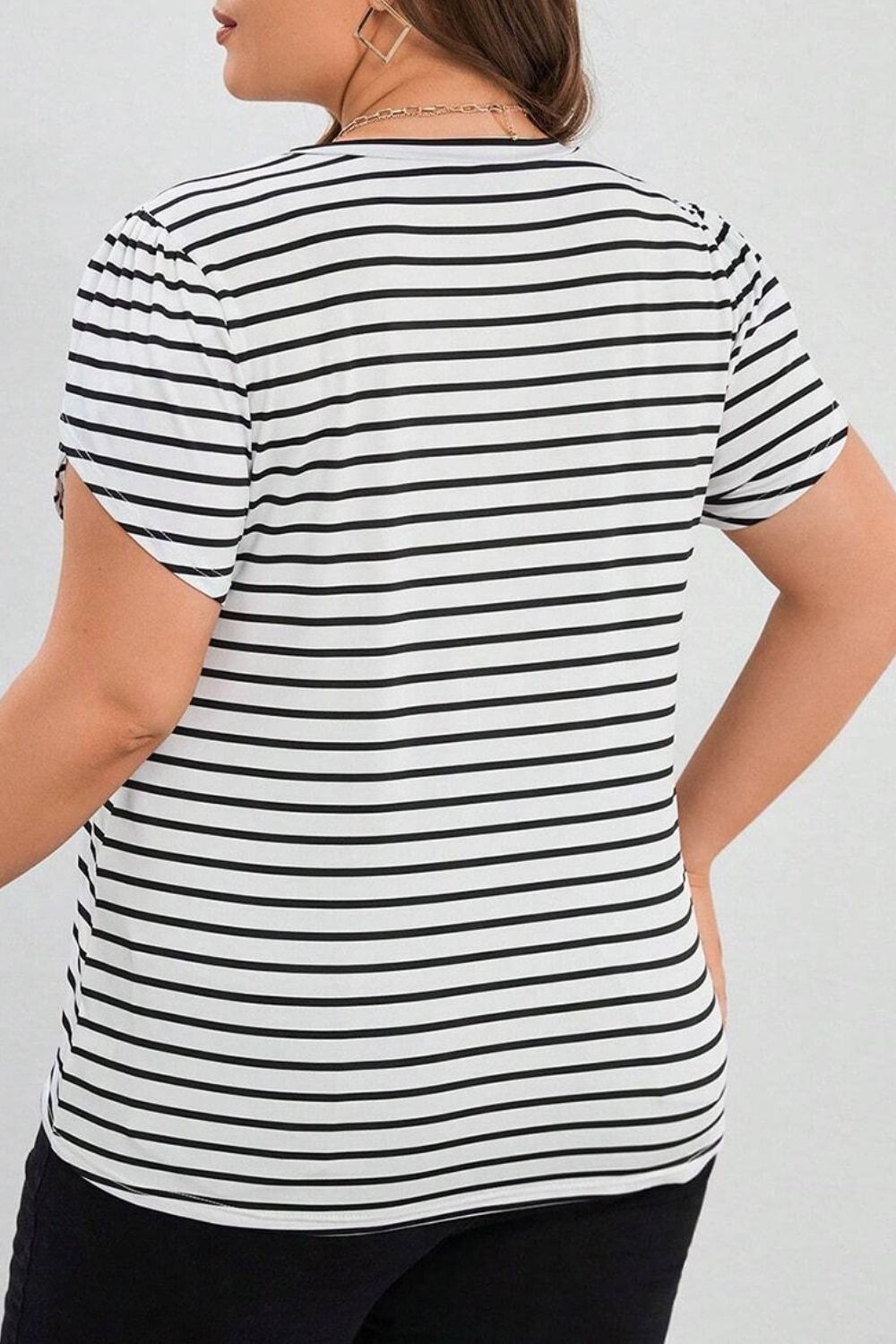 Plus Size Striped V-Neck Short Sleeve T-Shirt - Tantalize Boutique