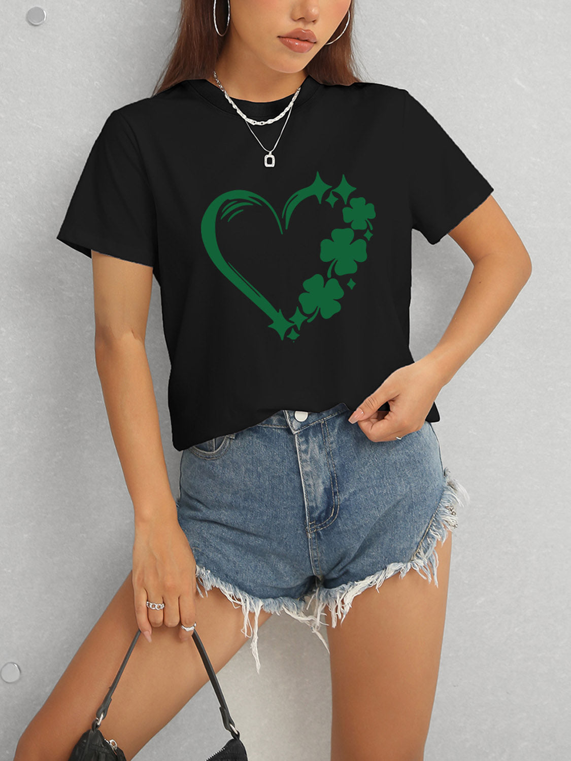 Heart Lucky Clover Round Neck Short Sleeve T-Shirt - Tantalize Boutique