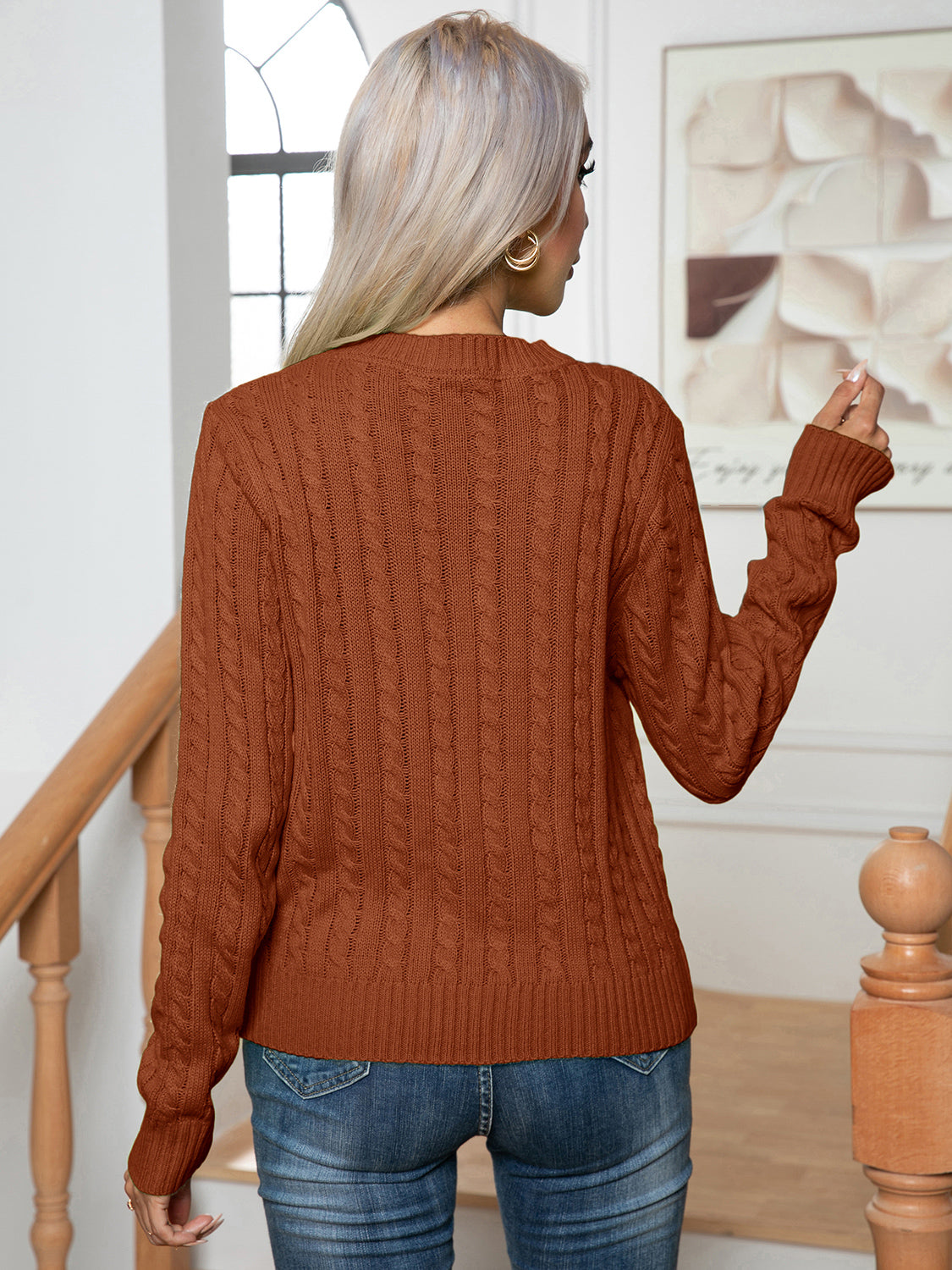 Cable-Knit Round Neck Long Sleeve Sweater - Tantalize Boutique