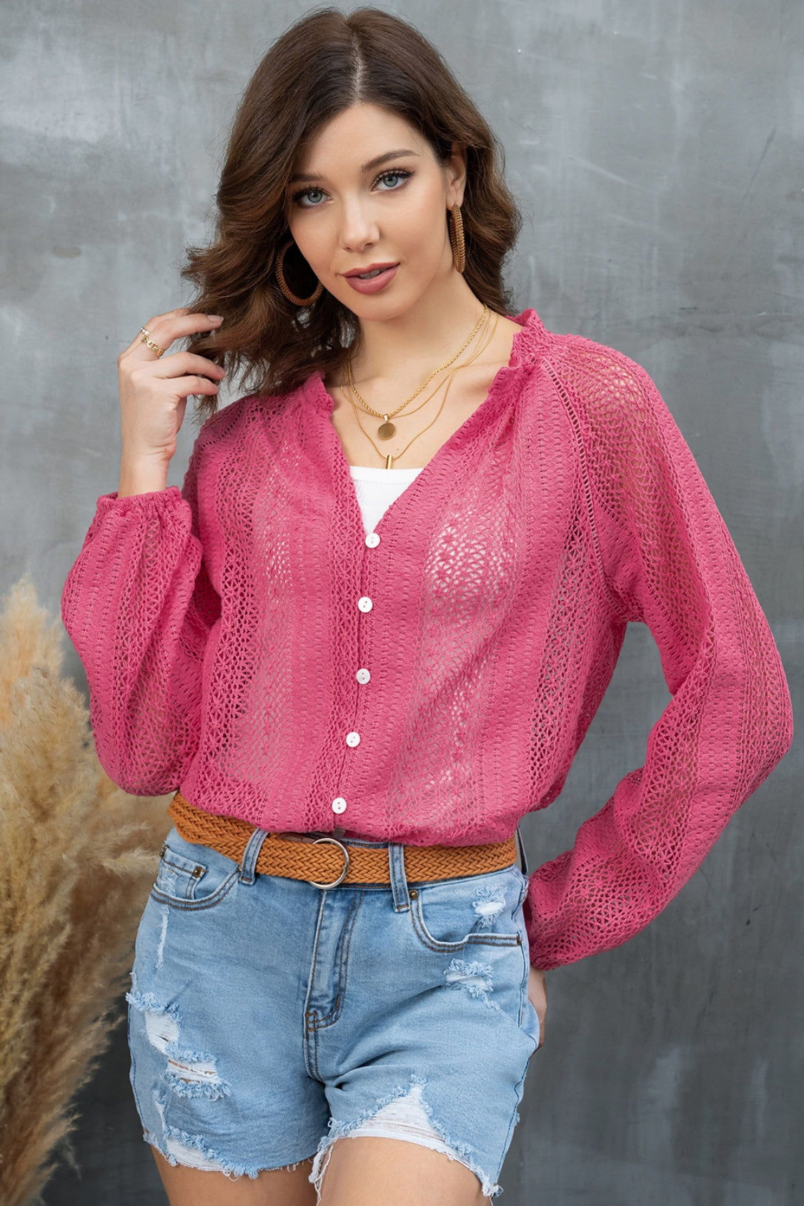 Openwork Button Up Long Sleeve Shirt - Tantalize Boutique