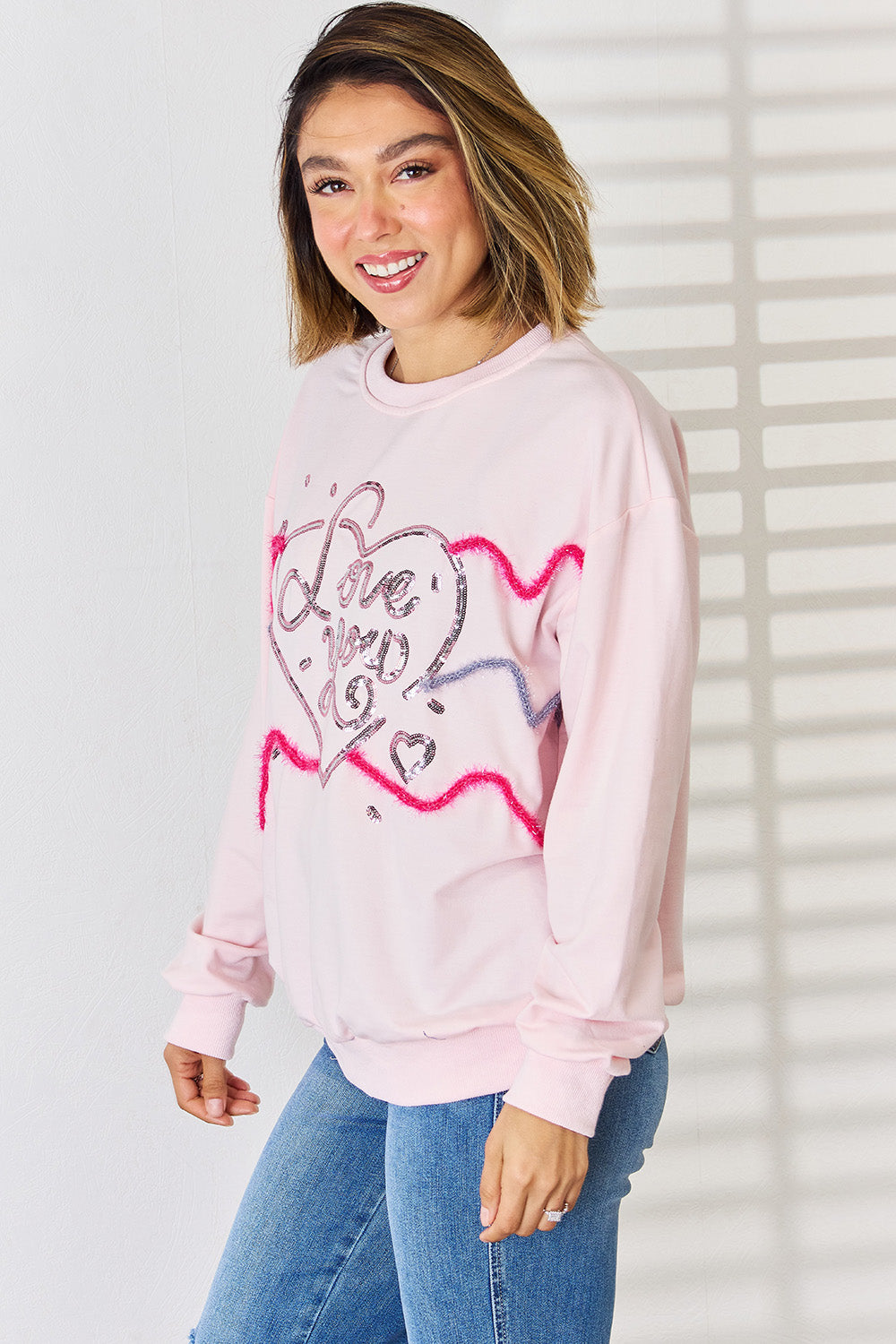 LOVE YOU Heart Sequin Round Neck Sweatshirt - Tantalize Boutique
