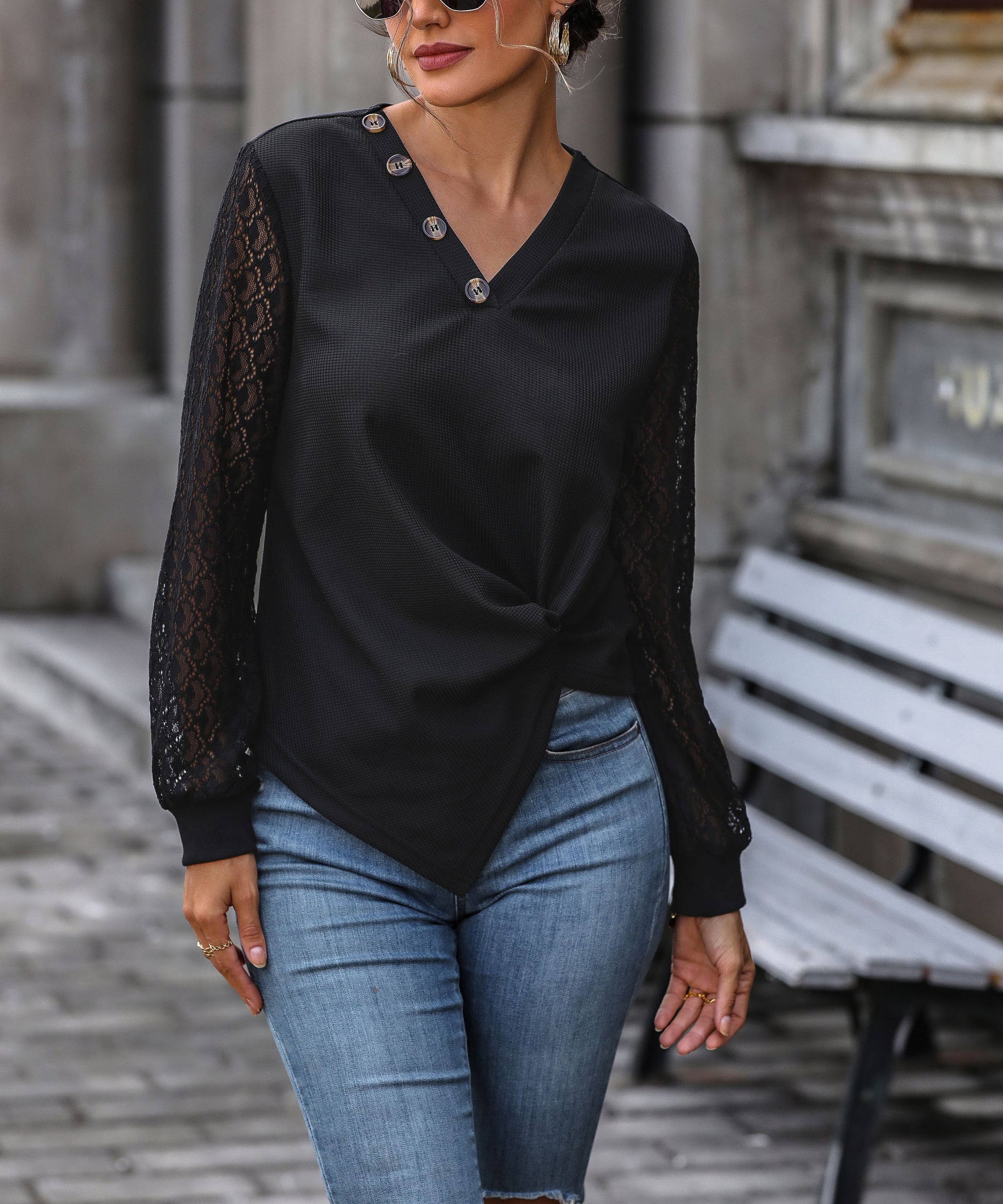 Twisted Decorative Button Long Sleeve T-Shirt - Tantalize Boutique