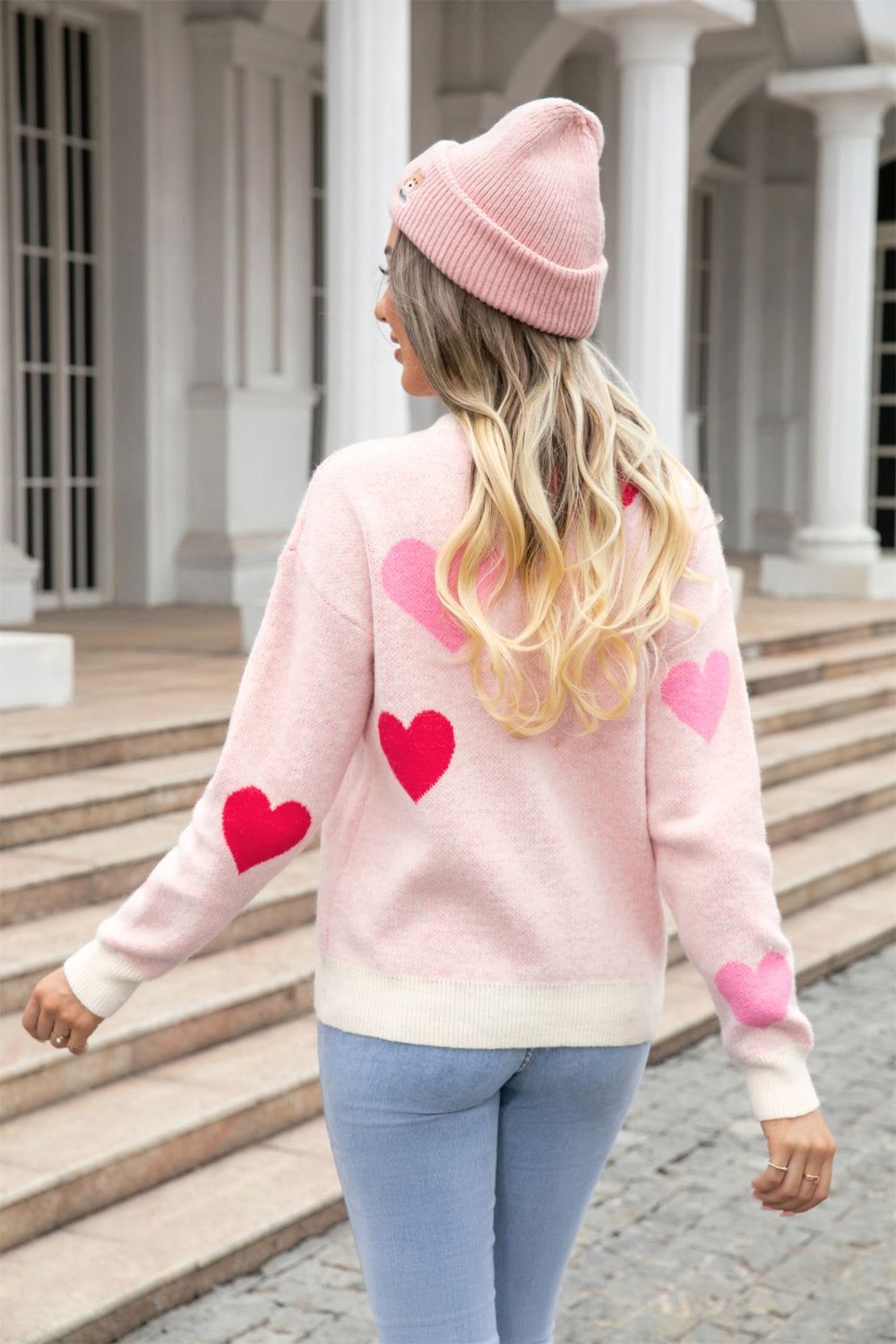Heart Round Neck Droppped Shoulder Sweater - Tantalize Boutique