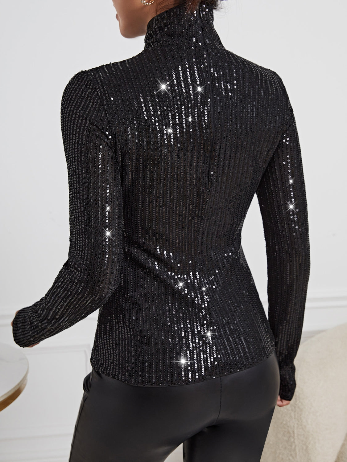 Sequin Turtleneck Long Sleeve Blouses - Tantalize Boutique