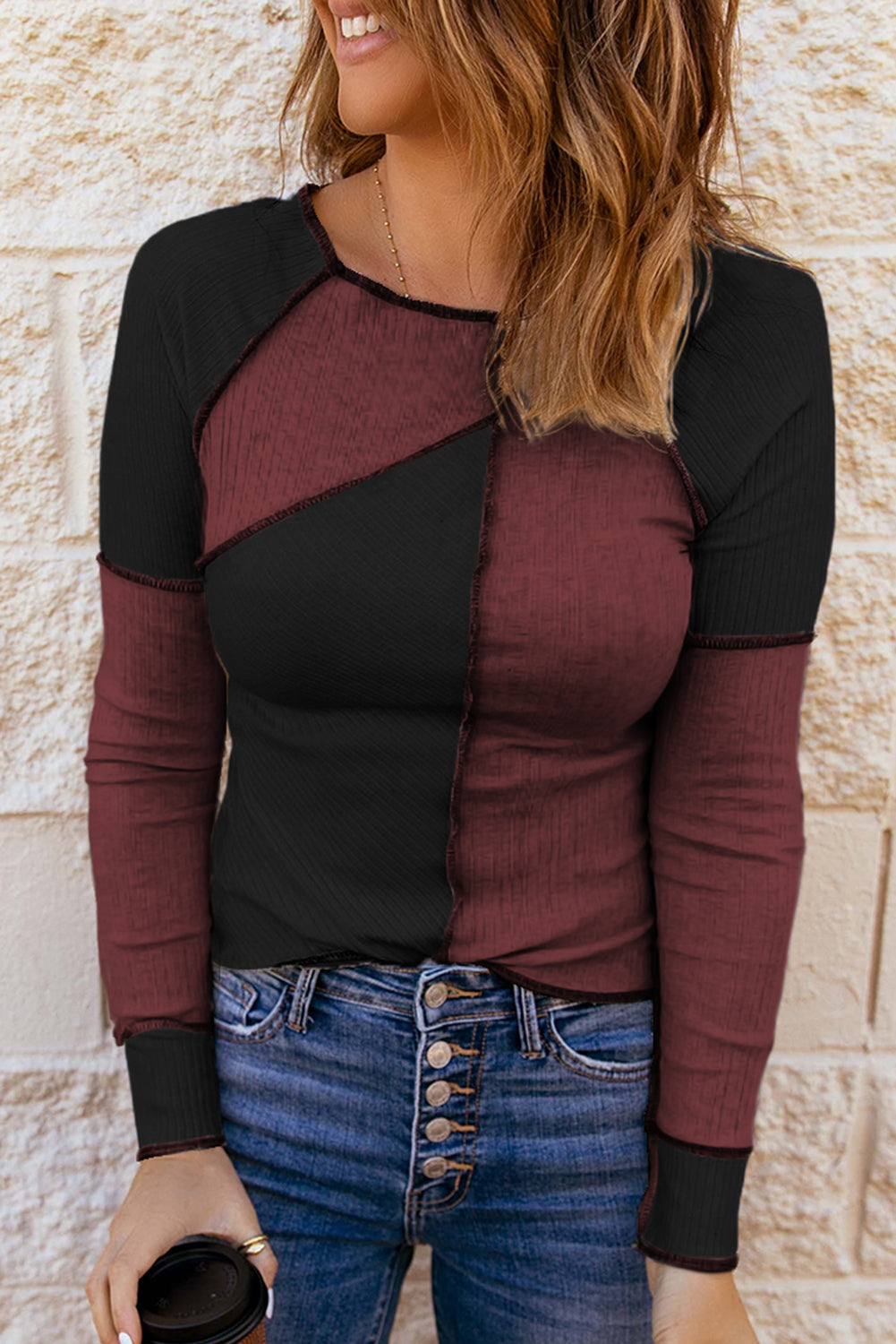 Color Block Round Neck Long Sleeve T-Shirt - Tantalize Boutique