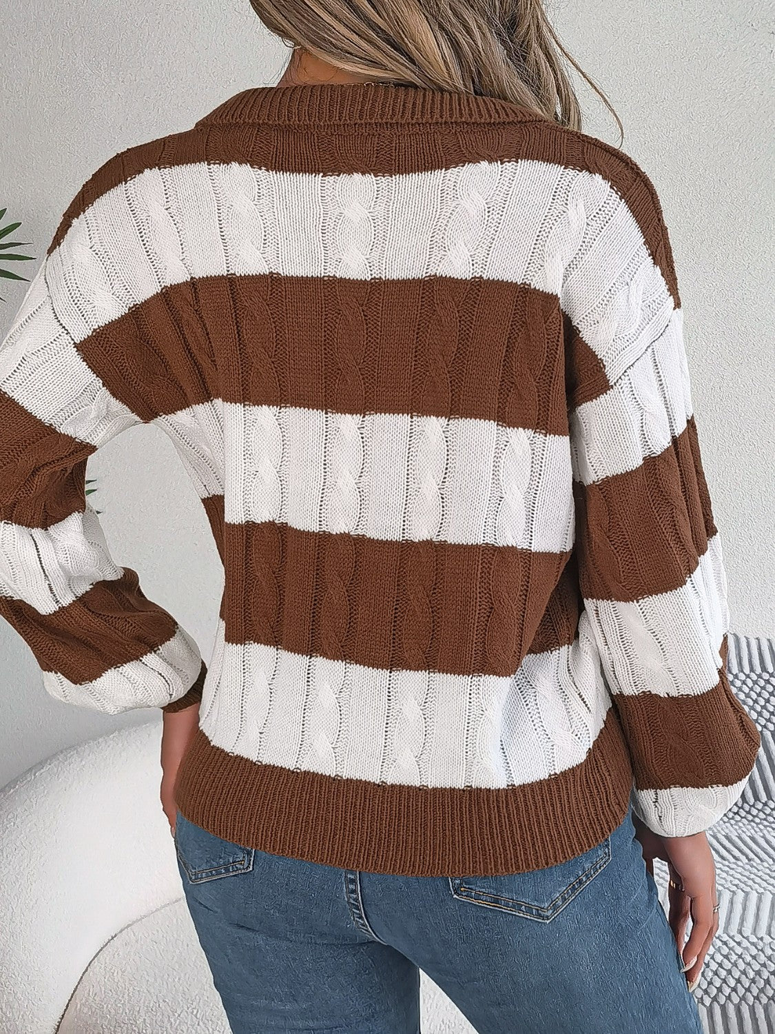 Cable-Knit Striped Long Sleeve Sweater - Tantalize Boutique