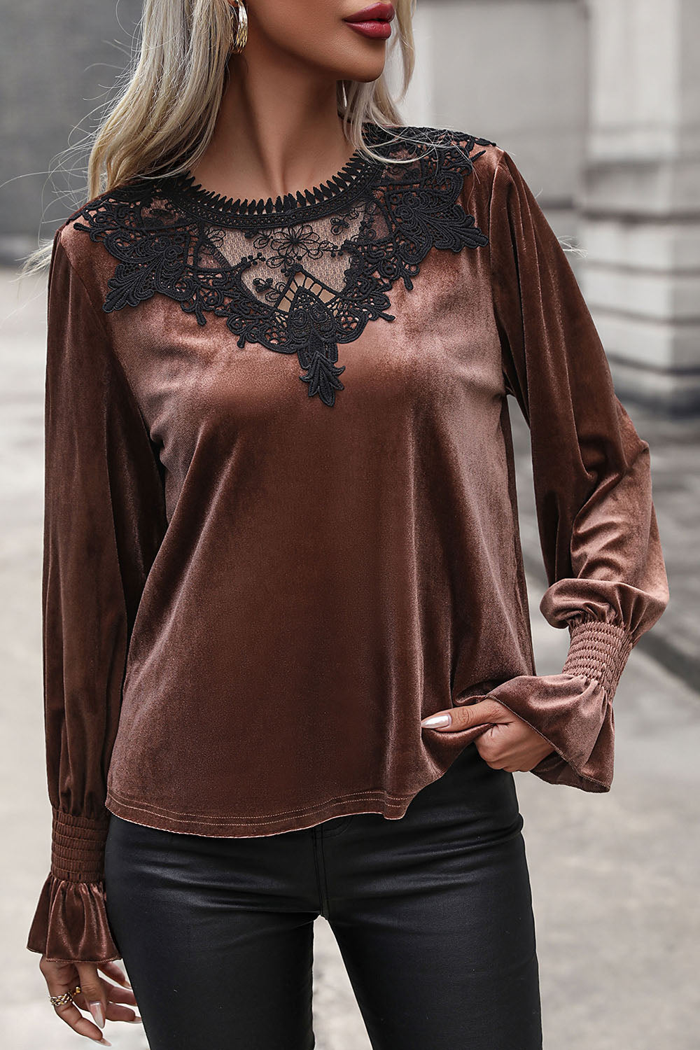 Lace Detail Round Neck Smocked Flounce Sleeve Blouse - Tantalize Boutique