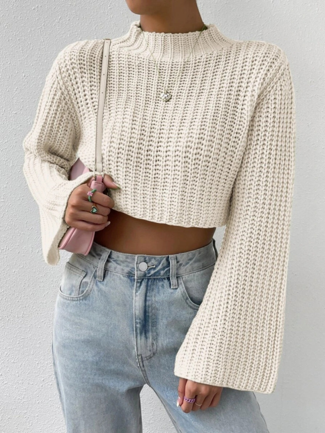 Mock Neck Long Sleeve Cropped Sweater - Tantalize Boutique