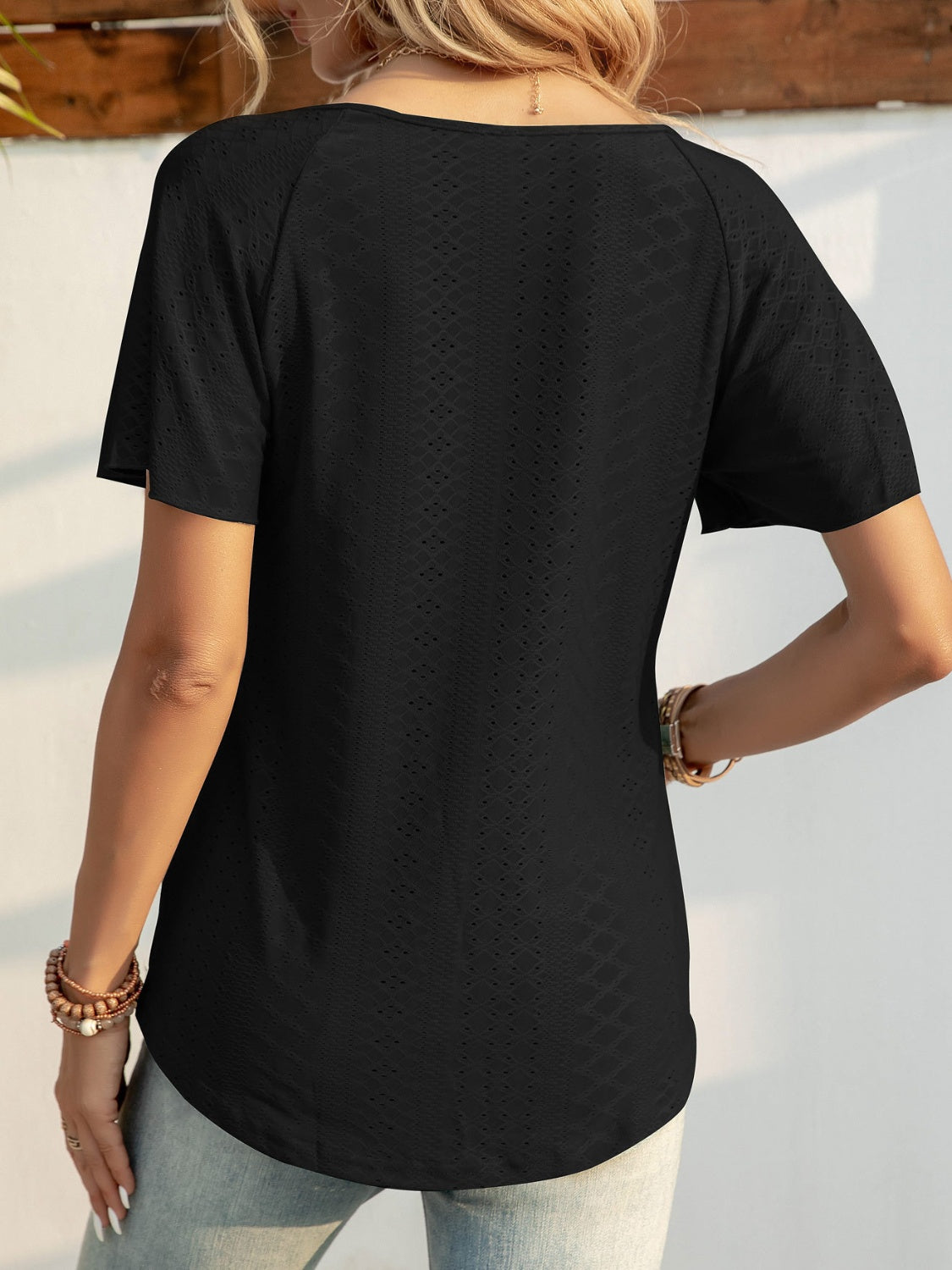 Eyelet Tie Neck Short Sleeve T-Shirt - Tantalize Boutique