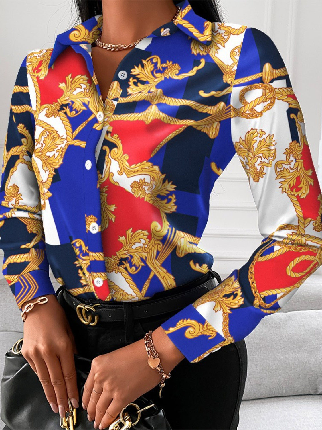 Printed Collared Neck Long Sleeve Shirt - Tantalize Boutique