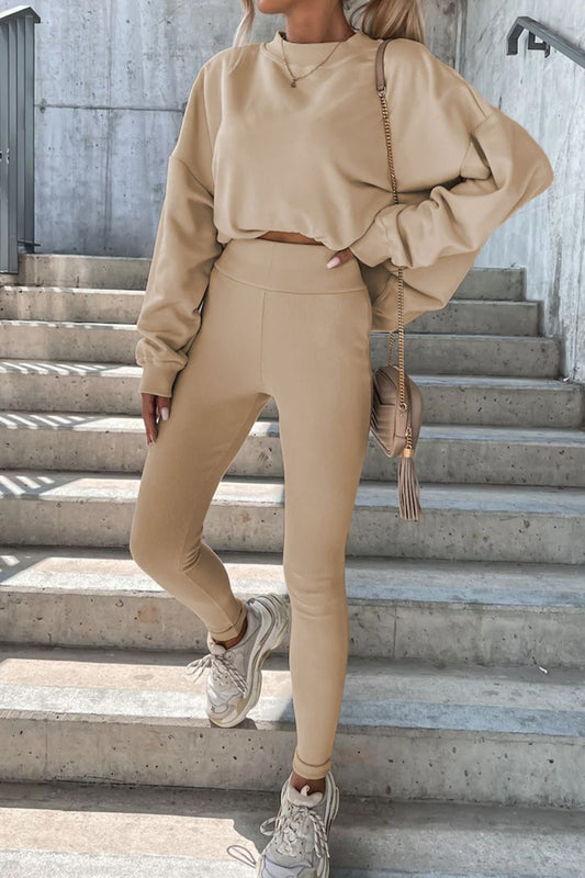 Round Neck Dropped Shoulder Sweatshirt and Pants Set - Tantalize Boutique